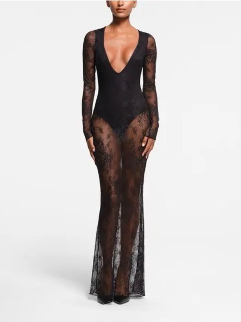 Skims Ultra Fine Lace Plunge Long Dress Black Onyx Small Nwt